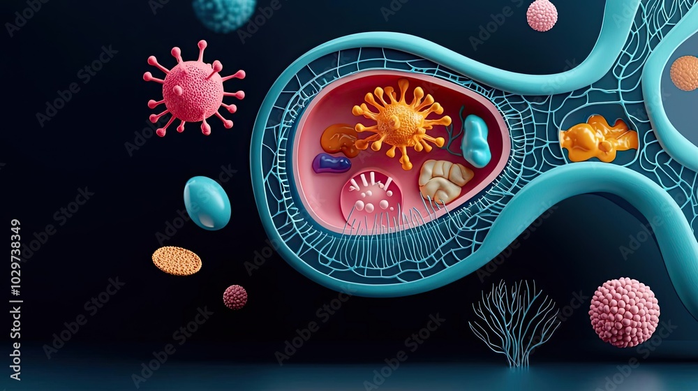 Poster colorful microscopic view of cells and microorganisms in a detailed design.