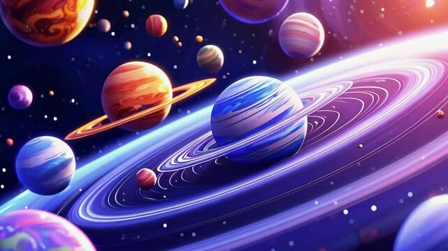 Cartoon Planets Spinning in a Galaxy