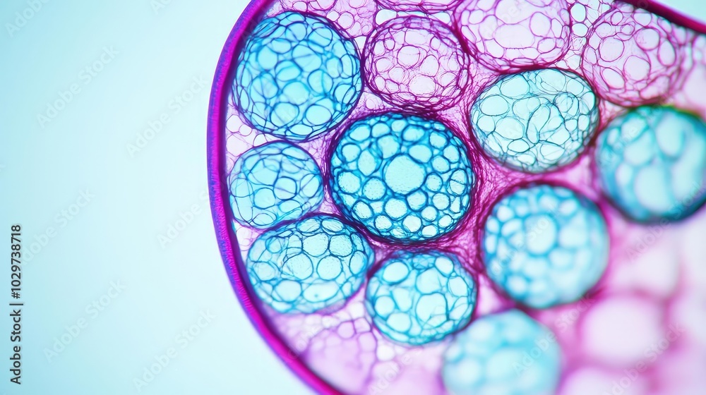 Poster abstract bubbles in vibrant colors, showcasing cellular structure under light.