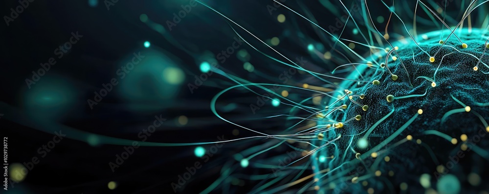 Poster abstract representation of a molecular structure with glowing tendrils.