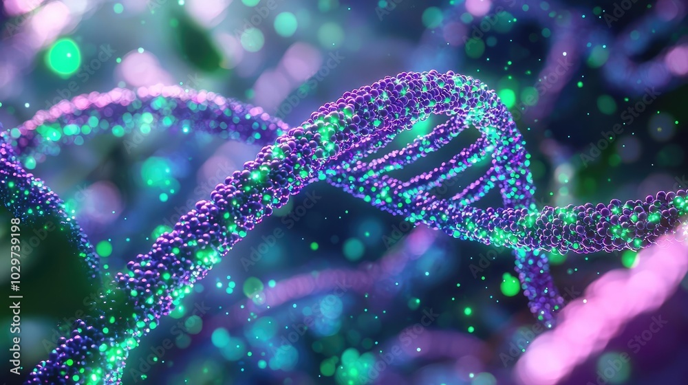 Poster colorful dna strands in a vibrant, abstract representation on a soft focus background.