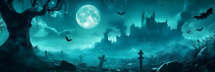 Graveyard to castle In Spooky scary dark Night full moon and bats on dead tree. Holiday event halloween banner background concept