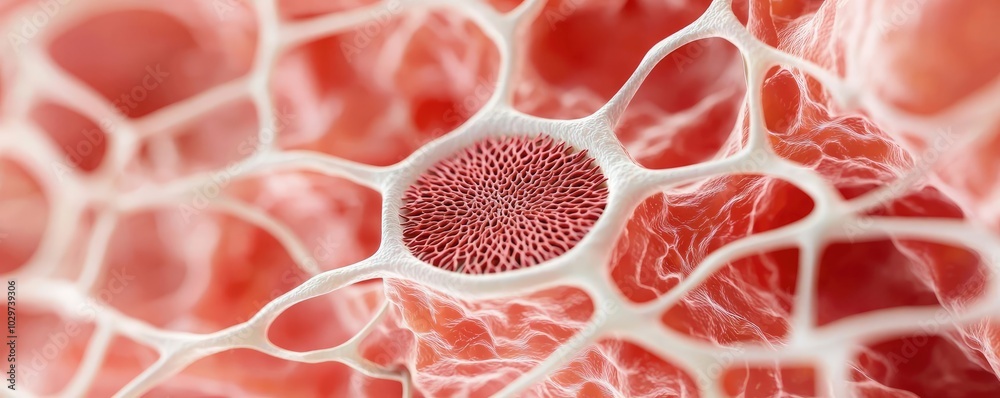 Aufkleber Microscopic view of intricate cell structure with red and white details.