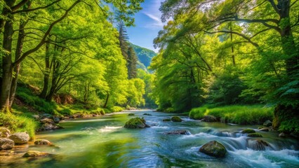 Obraz premium Mountain stream flowing under a lush green canopy on a sunny summer day, mountain, stream, water, flowing, green, trees, canopy