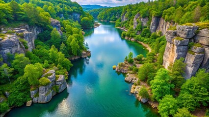 An aerial view of a winding river carved through a canyon, revealing a vibrant tapestry of lush greenery and imposing rock formations.