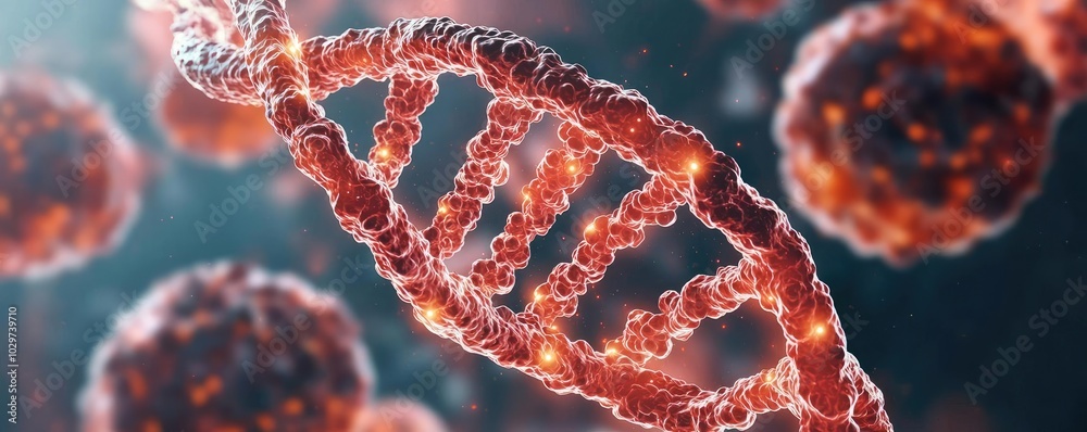 Poster close-up of dna structure with glowing elements on a dark background.