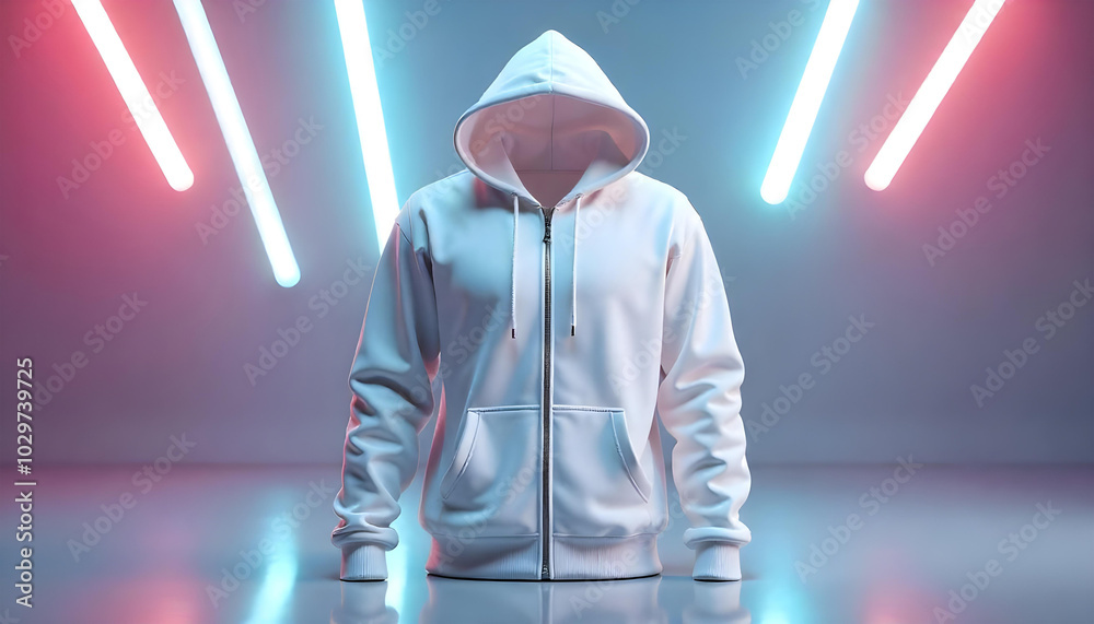 Poster 3D mockup of a white hooded sweatshirt with a zipper