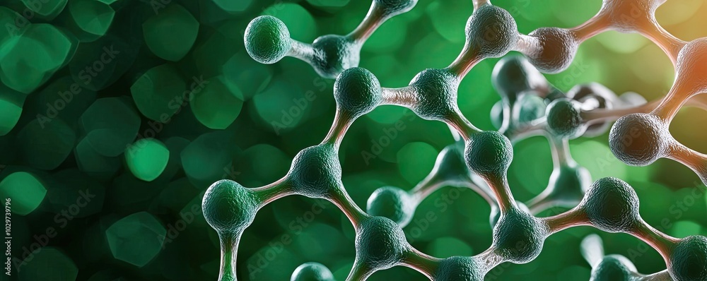 Aufkleber Abstract molecular structure with green bokeh background.