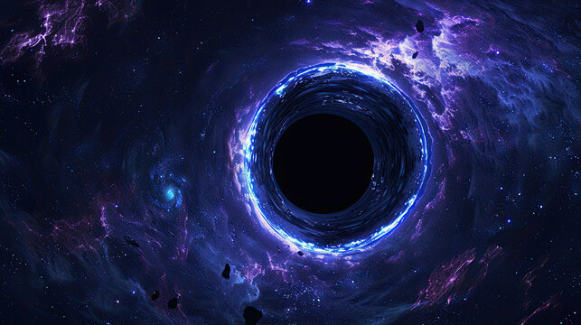 Supermassive black hole. Halo of light around singularity. Source of gravitational waves. Event horizon, wormhole.