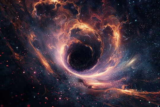 Supermassive black hole. Halo of light around singularity. Source of gravitational waves. Event horizon, wormhole.