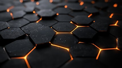 Fototapeta premium black hexagonal background with orange glowing particles.