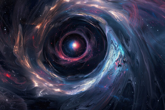 Supermassive black hole. Halo of light around singularity. Source of gravitational waves. Event horizon, wormhole.