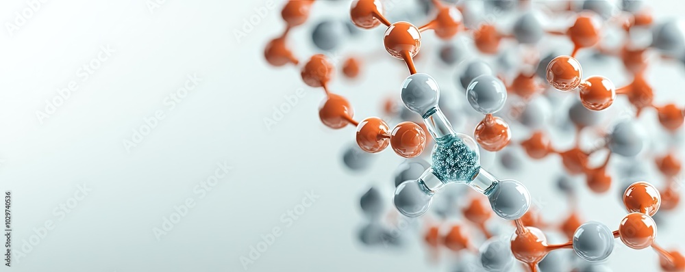 Poster abstract molecular structure with red and blue atoms on a white isolated background.