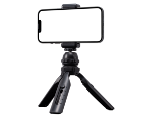 スマートフォンを据え付けた小型の三脚