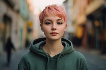 Woman with pink hair and green hoodie posing with street art graffiti, vibrant colors contrast with...