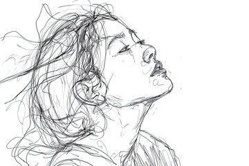 Fototapeta premium Beautiful girl face close up sketch. Hand drawn black and white pencil fashion illustration. Young woman portrait.