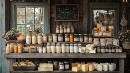 A rustic wooden shelf with a variety of jars of honey, jams, and other homemade goods.