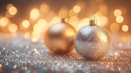Sparkling gold and silver Christmas balls, blurred holiday decorations in the background, soft festive lighting, dreamy and elegant, macro shot, high-detail, illustration