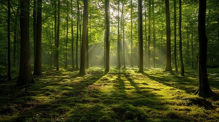 Serene Sunlight Through Lush Green Forest