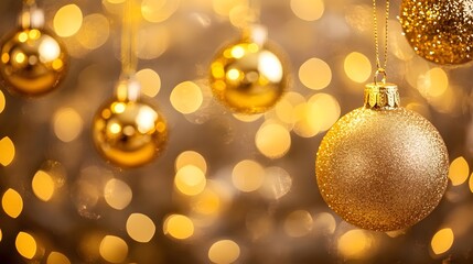 Glittering gold Christmas balls hanging gracefully, with a beautifully soft-focused background of festive lights twinkling in the distance