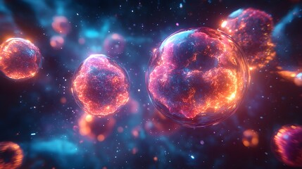 Fototapeta premium Futuristic stem cell design, magnified under a microscope, with bold, radiant colors and shiny, fluid surfaces, giving a high-tech, ethereal feel