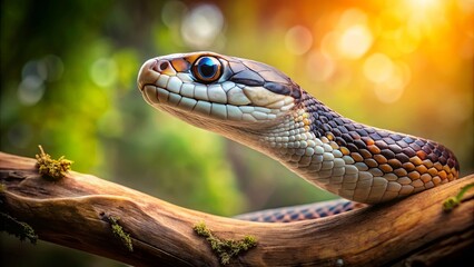 Fototapeta premium A Serpent's Gaze Through Golden Haze, A Moment of Silent Observation on a Moss-Covered Branch