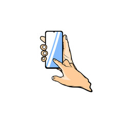 right hand holds the smartphone left hand index finger touches it vector illustration