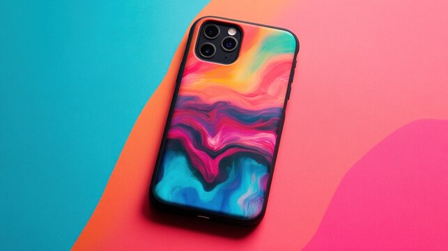 A smartphone with a colorful abstract design on its case, lying on a pink and blue background.