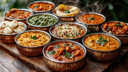 Fototapeta premium Assorted traditional Indian cuisine, featuring curries, rice, and naan bread served in copper bowls, offering a rich and flavorful dining experience