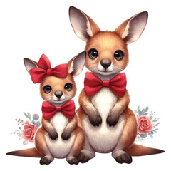 Obraz premium Two kangaroos with bows around their necks stand looking at the camera. clipart watercolor 