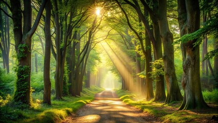 Obraz premium Golden Light Illuminates a Path Through a Canopy of Lush Green Trees, Creating an Enchanting and Serene Atmosphere