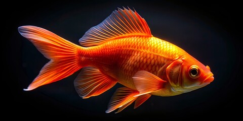 Fototapeta premium A vibrant orange goldfish with shimmering scales and flowing fins, isolated against a dark backdrop, creating a captivating contrast between light and shadow.