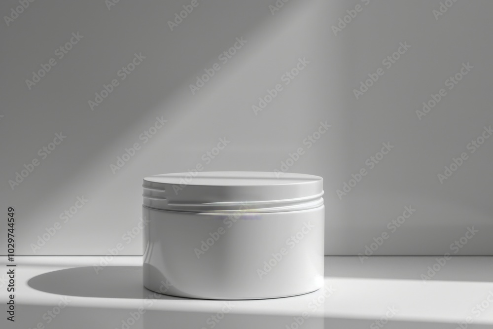 Poster white jar on white surface with light shining on it.