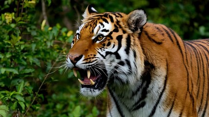 Naklejka premium A Close-Up of a Roaring Tiger with its Mouth Open