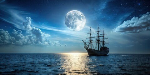 Fototapeta premium Ship sailing in the dark sea under moonlight, ship, night, sea, moonlight, ocean, water, travel, adventure, journey