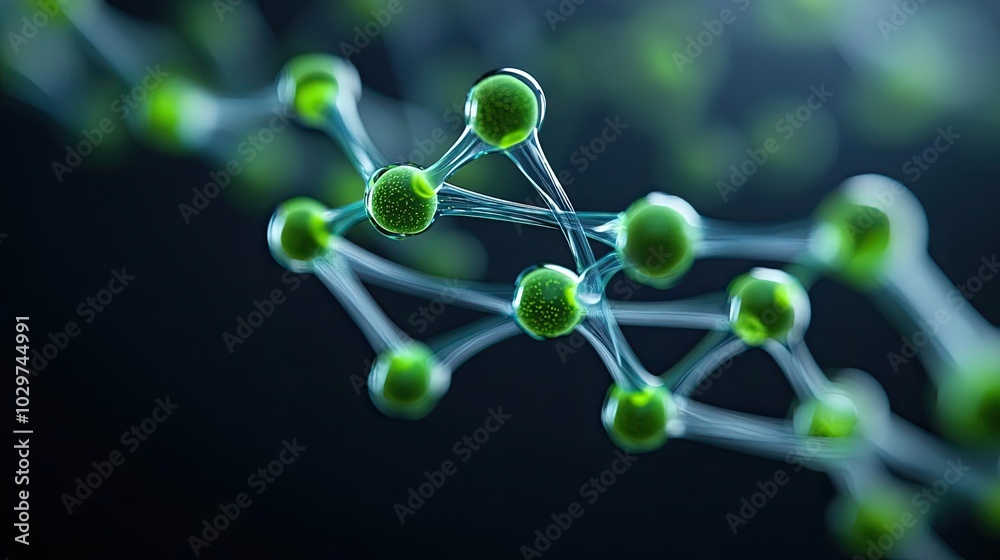 Poster close-up of molecular structure with green atoms on a dark background.