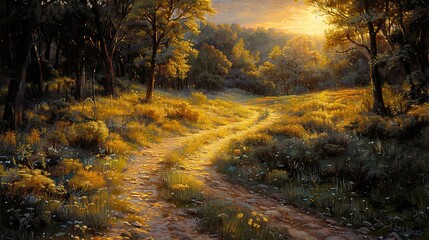 Obraz premium Golden Hour Path Through a Forest Landscape
