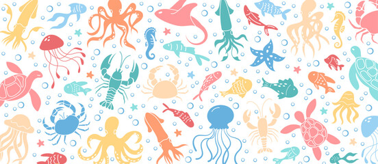 Background with underwater animals and plants like octopus, jellyfish, and sea turtle in marine life scene. Vibrant colors graphic design with sea creatures and aquatic reef in ocean water.