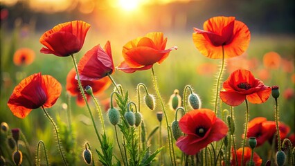 Fototapeta premium A vibrant field of poppy blossoms illuminated by the golden hour sun, creating a captivating spectacle of natural beauty.