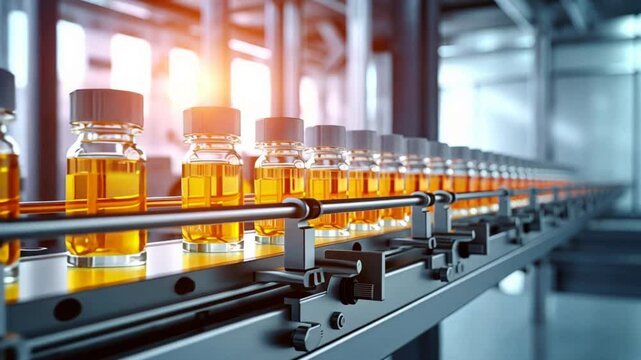 Pharmaceutical Production Line: A row of amber glass vials glides effortlessly along a gleaming stainless steel conveyor belt, signifying the meticulous process of pharmaceutical manufacturing.