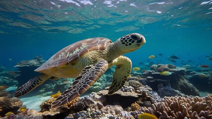Obraz premium Sea Turtle Swimming Through Coral Reef