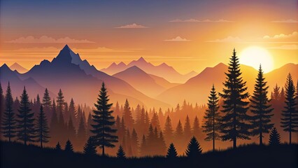 A silhouette of a majestic mountain range bathed in the warm glow of a vibrant sunset, with a foreground of tall evergreen trees casting long shadows across the forested landscape.