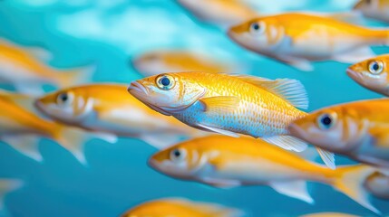 Naklejka premium A group of vibrant yellow fish swimming in clear blue water.