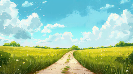 spring landscape with flowers and grass and blue sky