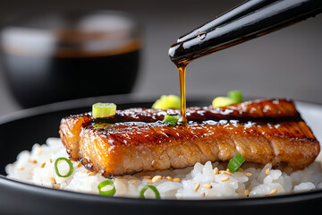 Delicious grilled fish on rice with sauce