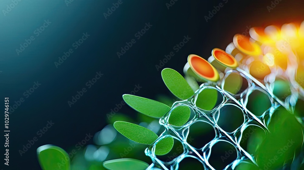 Poster Close-up of a green leaf pattern with abstract mesh structure on a dark background.