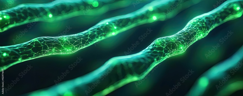 Poster Close-up of green cellular structure with a glowing effect on a dark background.