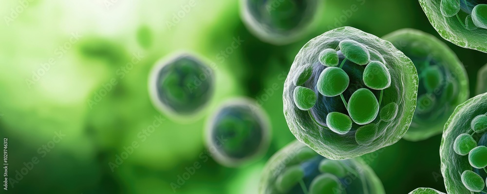 Poster Microscopic view of green cells on a soft background, showcasing cellular structure.