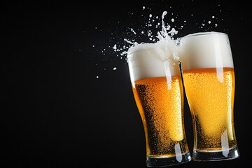 Cheers with two beer glasses, black background