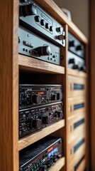 Audio rack isolated on wooden background